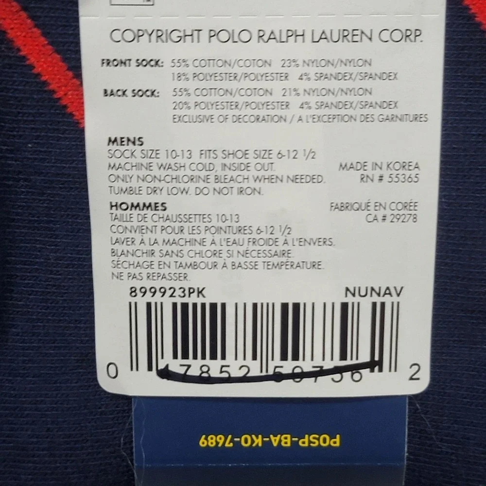 Polo Ralph Lauren Socks Mens 10-13 Blue Stripe Polo Pony Rider Crew 2 Pack